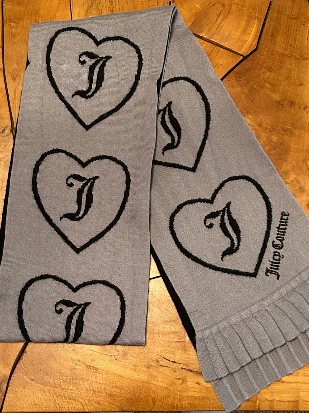NEW Juicy Couture Scarf All Over Print Heart Logo Reversible Black Gray